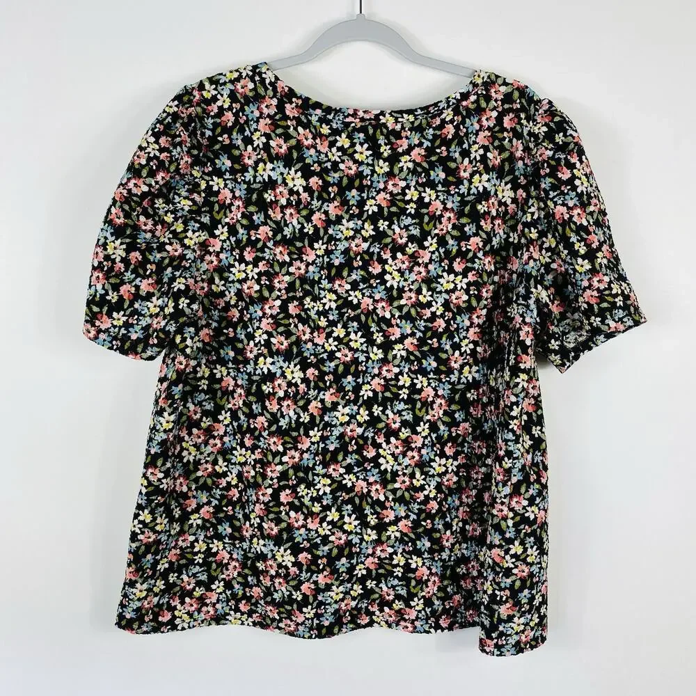 Ann Taylor LOFT Top 16 18 Black Floral Puff Sleeve Tee
